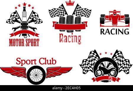 Winged wheel, tires with racing flags and motorcycle, open wheel race car and spark plug with crossed spanners and flags on the background symbols for Stock Vector