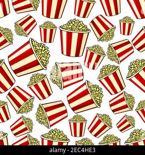 Weekend cinema and entertainment background with cartoon popcorn seamless pattern of traditional takeaway buckets with red and white stripes filled by Stock Vector