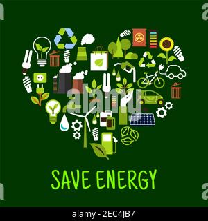 Save energy concept icons in shape of heart. Ecological forest and sunflower and green plant, light bulb and solar energy, eco beg and toxic can, recy Stock Vector