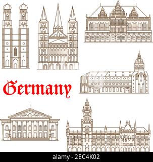 Famous german architectural travel landmarks thin line symbol with tourist attractions of Munich such as National Theatre and New Town Hall, St. Peter Stock Vector