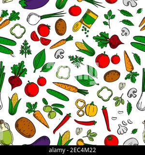 Vegetable salad ingredients background with seamless pattern of tomatoes, olives and onions, carrots, beetroots and corn cobs, peppers, cucumbers and Stock Vector