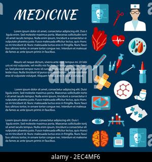 General medicine template for medical examination concept design with flat icons of thermometer, syringe, doctor, heart, medicine bottle, test tube, t Stock Vector