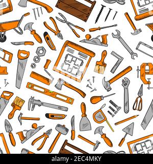 Construction hand tools seamless pattern background with hammers, screwdrivers and spanners, pliers, axes and trowels, paint brushes and rollers, kniv Stock Vector
