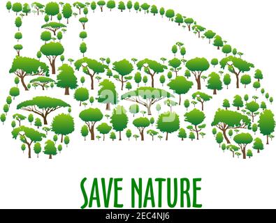 Green trees icons creating a silhouette of modern eco friendly car. Green vehicle theme, save nature concept or t-shirt print design Stock Vector