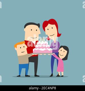 Birthday or anniversary celebration, family traditions theme design. Happy smiling parents and two kids are holding big cake decorated by buttercream Stock Vector