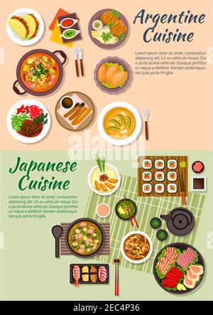 Japanese sushi and sashimi with argentine empanadas and tortillas symbol, miso soup and seafood cazuela, tofu and shrimp soup with beef shank and pork Stock Vector