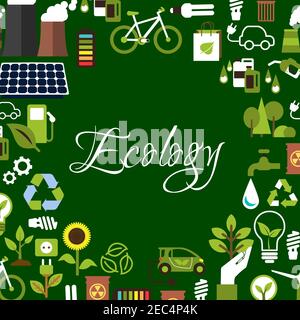 Eco background with flat icons of recycling and saving energy light bulbs with green leaves, electric cars, biofuel and bicycles, plant with plug, flo Stock Vector