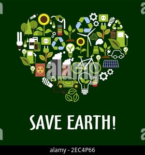 Heart symbol made up of flat eco icons such as green energy, bio fuel and electric cars, recycling and save energy light bulbs with green leaves, tree Stock Vector