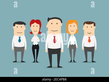 Professional business team with cartoon friendly smiling business colleagues and confident leader in the center. Great for office staff theme or leade Stock Vector