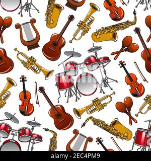 Cartoon shining brass trumpets and saxophones, orchestra drum sets, violins and guitars, vintage greek lyres and mexican maracas seamless pattern on w Stock Vector