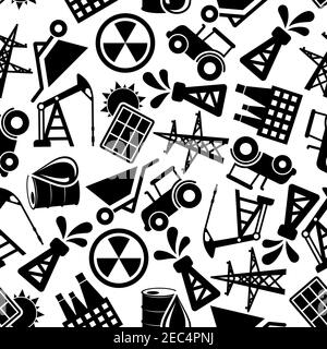 Black and white seamless energy industry and power resources pattern background with silhouettes of solar panels and nuclear plants, pump jacks, oil b Stock Vector