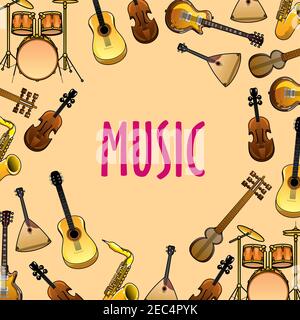 Musical instruments cartoon background for classic or ethnic music concert and entertainment event design with drum sets, acoustic and electric guitar Stock Vector