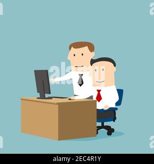 Teamwork and assistance business concept design usage. Concentrated cartoon businessman and boss are working together on a project using desktop compu Stock Vector