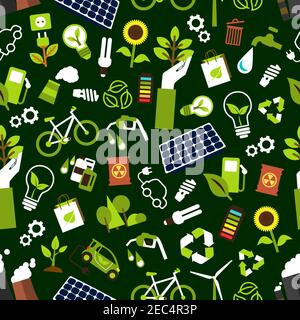 Eco friendly and saving energy seamless pattern background with electric cars, bicycles and bio fuel, solar panels, wind turbines and light bulbs, fum Stock Vector