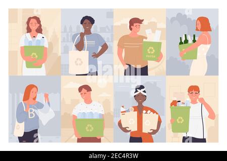 People with recycle bin vector illustration set. Cartoon young man woman characters holding garbage waste bin with recycling sign, boxes with sorted glass plastic paper trash background collection Stock Vector