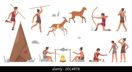 Primal tribe people hunt vector illustration set. Cartoon primitive tribesman characters group hunting animals with bows, arrows and spears, produce fire for cooking food near home isolated on white Stock Vector