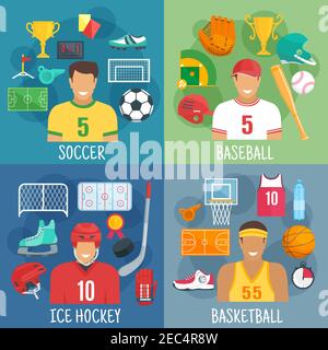 Soccer or football, baseball, ice hockey and basketball players icons with sportsmen in uniform, ball, puck, stick, bat, helmet, glove, trophy, boots Stock Vector