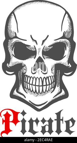 Aggressive smiling jolly roger character of sketched human skull with crazy cheesy grin. Use as piracy theme, t-shirt print or tattoo design Stock Vector