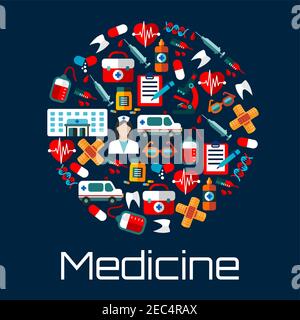 Hospital building, doctor and ambulances, first aid kits, medicine bottles and syringes, hearts, teeth and blood bags, microscopes and DNA, medical ex Stock Vector