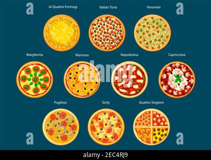 Different types of pizza flat icon with marinara, margherita, napoletana, veronese, sicilian, pugliese, capricciosa, italian tuna, quatre fromage and Stock Vector