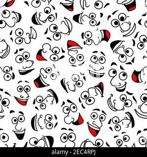 Happy smiling cartoon faces seamless pattern background of laughing with wide open mouth and giggling comics characters. Comics book flyleaf or humor Stock Vector