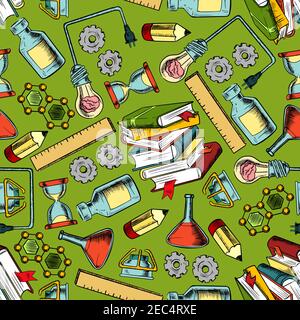 Seamless background of school supplies and laboratory equipment with pattern of book, pencil, ruler, idea light bulb, mechanical gear, hourglass, gas Stock Vector