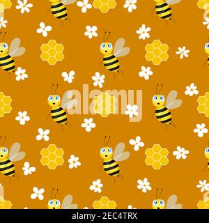 Seamless pattern with bees and honeycombs on brown background. Small wasp. Vector illustration. Adorable cartoon character. Template design for Stock Vector