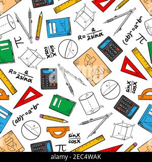 Mathematics seamless pattern of books and pencils, rulers, calculators and compasses, geometric figures, drawings and algebra formulas. Education and Stock Vector