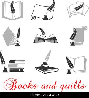 Manuscript and books with quill and ink. Education or knowledge black set of icons. Calligraphy of handwritten or typewritten history scrolls Stock Vector