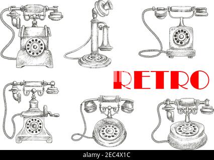 Sketch of retro or vintage telephones with rotary dial and old candlestick, earphone and switchhook. Obsolete and classic technology for communication Stock Vector