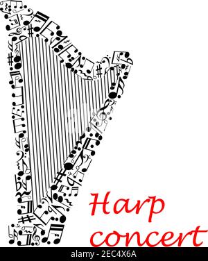 Harp music concert poster with silhouette of classic harp made up of strings and musical notes, treble and bass clef, rest, key signature. Musical ent Stock Vector