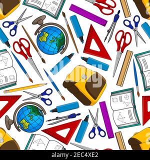 Books, pencils and school bags, globes, rulers, scissors, paintbrushes, compasses and highlighters seamless pattern on white background. Education the Stock Vector