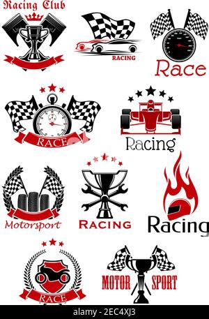 Motorsport icons and symbols with racing cars, motorcycle, trophy cups, flags and pistons, speedometer, tires, stopwatch, flaming helmet, spanners, ad Stock Vector