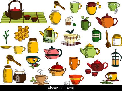 Tea beverages sketches of ceramic and glass teapot, chinese tea set, cup and mug with green leaves of tea and mint, sugar, cranberry, tea bag, sugar b Stock Vector