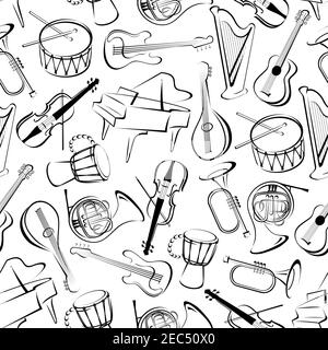 Outlined musical instruments background for musical event or orchestra themes design with black and white seamless pattern of grand pianos, drums and Stock Vector