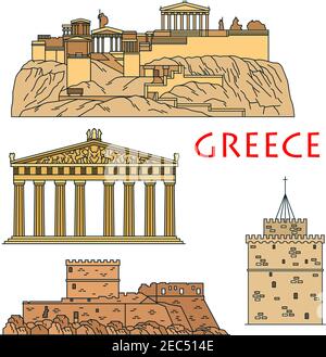 Famous architectural heritages of Greece icon with colored linear Acropolis of Athens with temple of goddess Athena Parthenon, medieval gothic castle Stock Vector