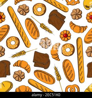 Bakery products seamless pattern with french croissant, glazed donut, bun with fruit jam, rye bread and wheat long loaves, baguette and salty bavarian Stock Vector