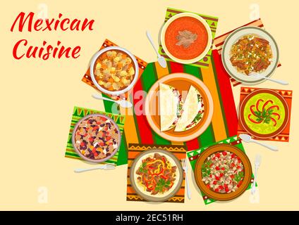 Mexican taco salad icon served in the center of a table with tomato soup, beef fajitas, bean stew chilli con carne, chilled avocado soup, chicken stew Stock Vector
