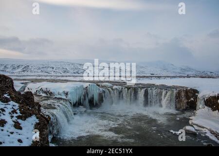 Godafoss waterfall in Iceland on a snowy winter day Stock Photo