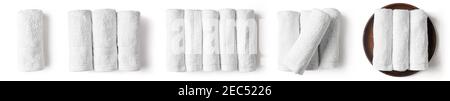 Set of white spa towels isolated on white background, top view Stock Photo
