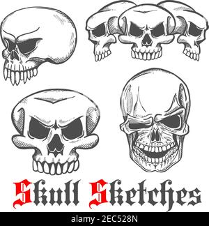 Sketches of human skulls with spooky laughing grins and monster cranium with long sharp fangs. Jewelry, tattoo or Halloween party decoration design Stock Vector