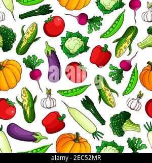Red sweet bell peppers, tomatoes and pumpkins, ripe eggplants, cauliflowers and corn, zesty radishes and garlic, green peas, broccoli and bundles of a Stock Vector