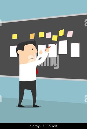 Businessman pinning sheets of paper and stickers on blackboard with concentrated or serious facial expression. Manager making business plan or reachin Stock Vector