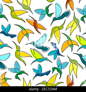 Flying hummingbirds seamless pattern with colorful silhouettes of tropical birds randomly scattered over white background. Tropical nature theme or in Stock Vector