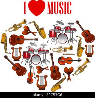Classic musical instruments shaped in a heart symbol for I Love Music concept design with cartoon icons of trumpets and saxophones, drums, acoustic gu Stock Vector