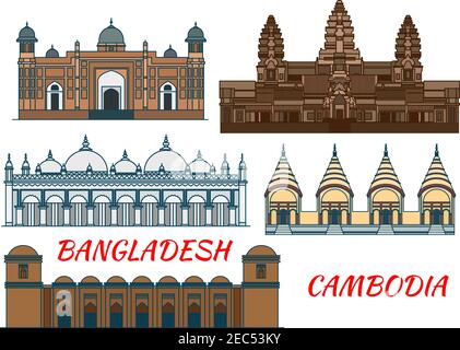 Angkor Wat Ancient temple in Cambodia thin line icon with ornate Star Mosque, fortified complex Lalbagh Fort, muslim Sixty Dome Mosque and hindu Dhake Stock Vector