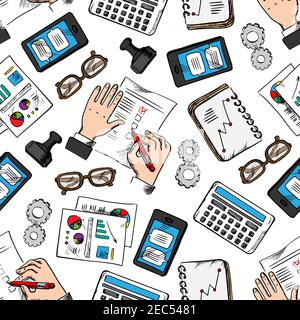 Business and office retro seamless background with sketchy pattern of financial reports with graphs and pie charts, calculators, businessman hands wit Stock Vector