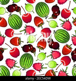 Seamless flavorful berries pattern background with forest strawberries and raspberries, sweet cherries and black currants, green striped watermelons a Stock Vector