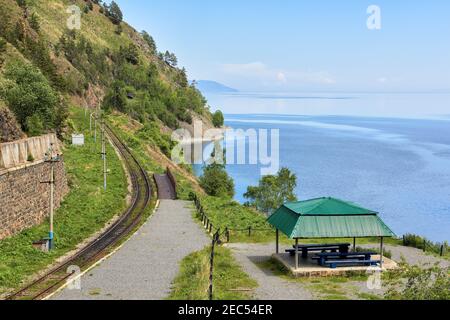 Gazebo on the edge of Lake Baikal at 123 km. The legendary junction of the Trans-Siberian Railway. Historic docking site in 1904. The current single-t Stock Photo