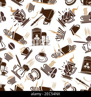 Steaming hot aroma coffee cups with vapor and espresso machine isolated on white seamless pattern. Can be used in kitchen or restaurant, restaurant th Stock Vector